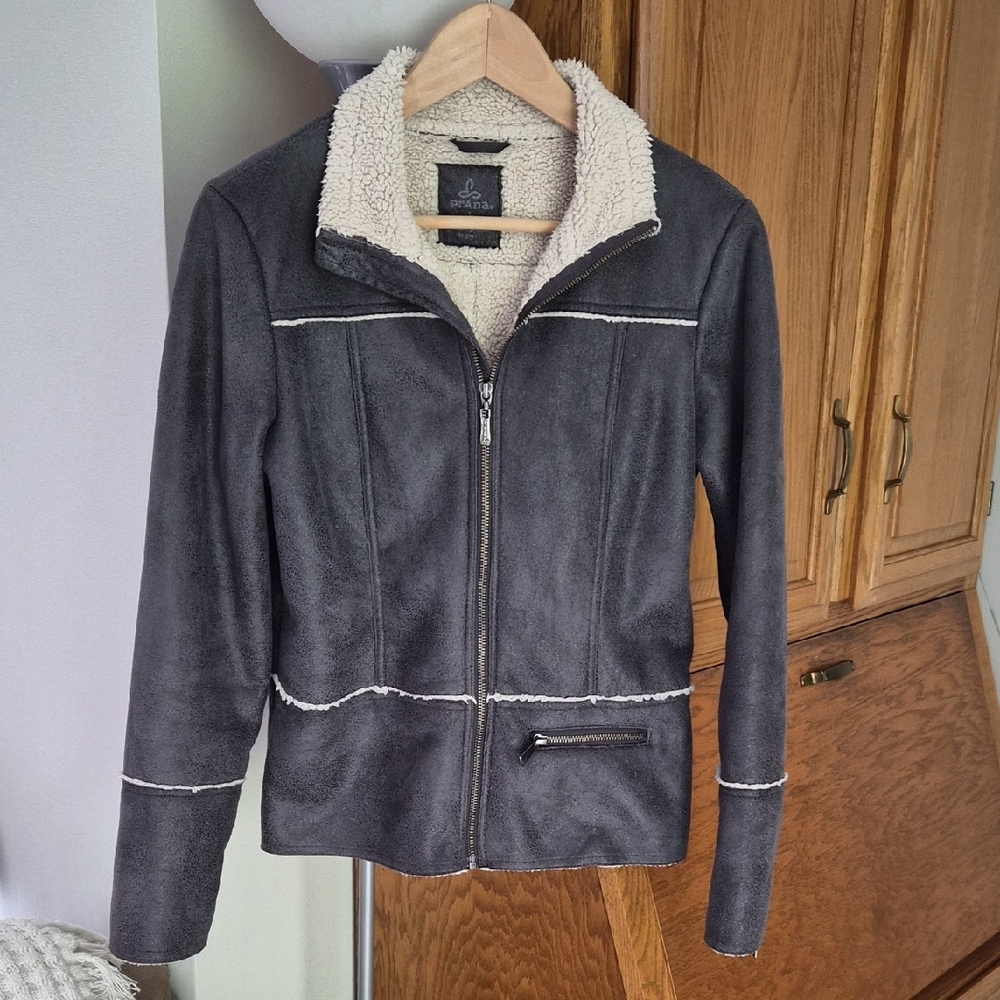 PrAna Size S Coal Esme Zip Up Faux Suede Sherpa Coat Jacket